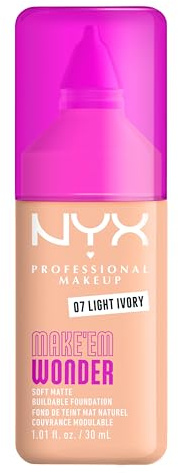 NYX Professional Makeup Make 'Em Wonder Foundation, 24H Soft Matte Aufbaubare Foundation, Mit hoher Deckkraft, Mattes Finish, 07 Light Ivory