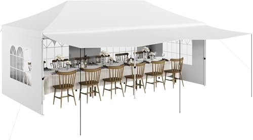 Heavy Duty Spitzdach-Pavillon 3x6 m Mit 6 Abnehmbaren Seitenwänden, Kommerzielles Pop Up Partyzelt Mit PE-Fenstern & Verstärkten Beinen, Inkl. 6 Sandsäcken, Weiß, 420D