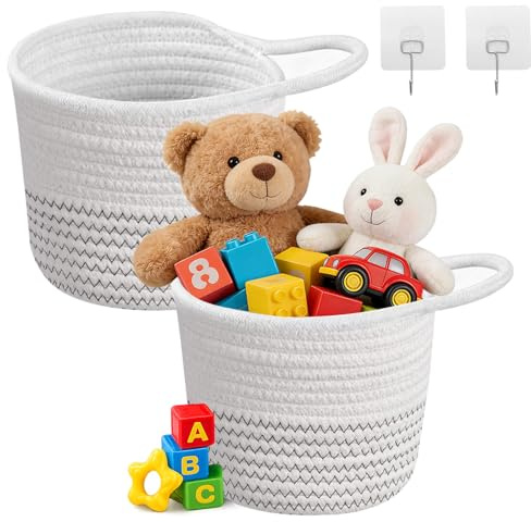 2er Set Hängekörbe 15×15 cm, Geflochtener Wandkorb aus Baumwolle mit Griff, Aufbewahrungskorb zum Aufhängen für Küche, Bad & Schlafzimmer, Korb Organizer für Pflanzen & Zubehör (Weiß/Schwarz)