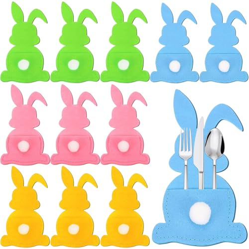 CHONGQILAO Bestecktasche Ostern Besteckhalter Osterhase, 12 Stück Bestecktasche Filz Hase, Bestecktaschen Besteckbeutel Besteckhalter, Tischdeko Ostern, Messer Gabeln Löffel Geschirr Besteck Taschen