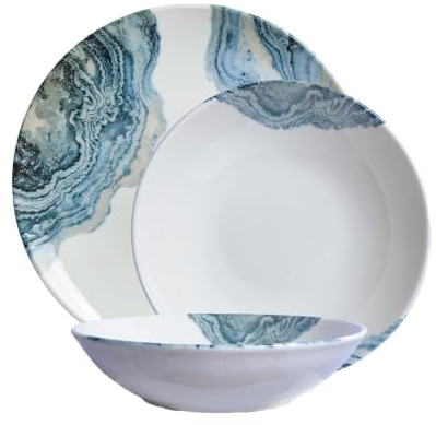 CER-POR Piatti Moderni ONDA BLUE Servizio Piatti 18 Pezzi In Porcellana Effetto Marmo Blu Per 6 Persone Eleganti
