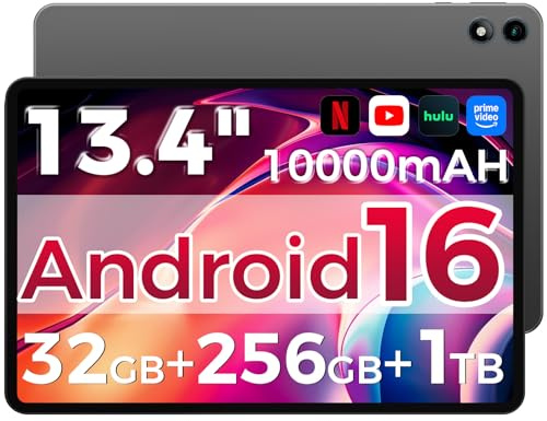 RebotAi Tablet Android 16, tablet grande de 13.4 pulgadas con procesador Octa-Core, 32 GB RAM + 256 GB ROM, batería 10000 mAh, 1920 x 1200 IPS, 2.4/5 Ghz Dual WiFi/5+8MP/GPS/Gemini AI/Widevine L1