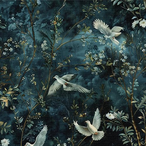 Selbstklebende Tapete Dunkelblau Tropischer Dschungel Blumen Vögel, 44 x 1000 cm Blumentapete Vintage Botanik Blumen Blätter Vögel Pflanzen Möbelfolie für Badezimmer Wohnzimmer Schlafzimmer Küche