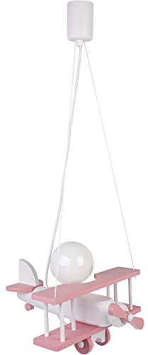 IPP Lampadario a Sospensione per Cameretta Bimbi, Lampada Aereo in Legno Colorato, 32x30 cm (Rosa - Bianco)