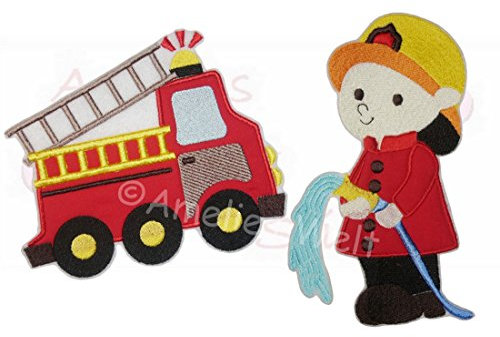 Aufnäher Feuerwehrauto und Feuerwehrmann im Set für Kinder gestickt Handmade amelieswelt Applikation Aufbügler Bügelbild Flicken Patch