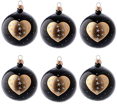 Holyart Weihnachtskugeln 6 Stück aus mundgeblasenem Glas schwarz mit goldenem Herz und Sternchen 80 mm