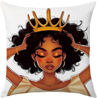 SARA NELL Schwarze Mädchen-Kissenbezüge, afrikanisches Mädchen mit goldener Krone, dekorative Kissenbezüge mit Reißverschluss, 45,7 x 45,7 cm
