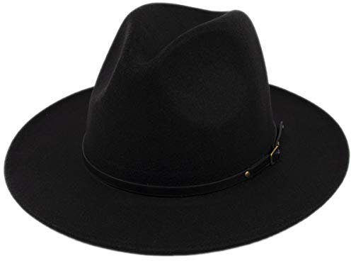 Lanzom Damen Klassische breite Krempe Floppy Panama Hut Gürtel Schnalle Wolle Fedora Hut, A-Schwarz, Einheitsgröße