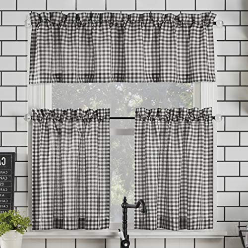 Parkham Farmhouse Plaid Semi-Sheer Gardinenstange Gardine Küchenvorhang Volant Nr.918 54 x 24 3-Piece Set schwarz/weiß