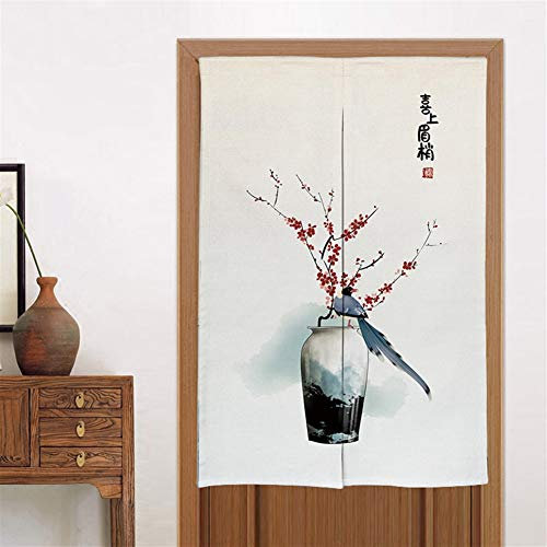 Liveinu Linen Rideau De Porte Japonais Noren Rideau Japonais Noren avec Barre Extensible Tension Fenêtre Rideaux Panneau Tenture Tapisserie Décoration 80x140cm Style 18