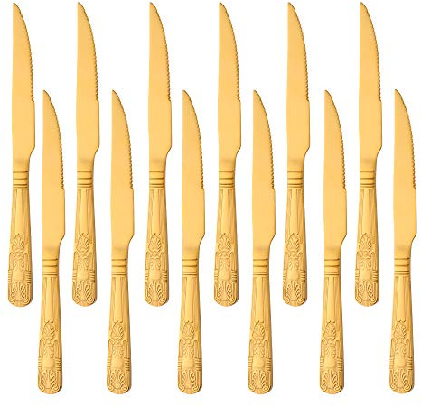 Buyer Star 12 Piece Steak Knives, Gold Stainless Steel Silverware for Home Kitchen and Restaurant, Mirror Polished Tableware
