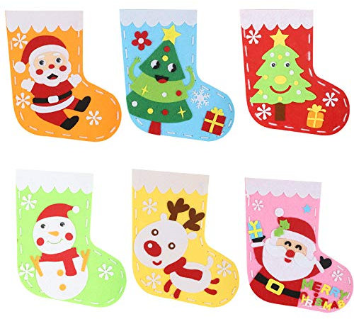 BIGKASI 6 Muster Kinder Filz Bastelsets Weihnachten Kind Nähsets DIY Handwerk Filz Strümpfe Weihnachtssocken Dekoration Hängend Dekor Weihnachtsmann Schneemann Weihnachtsdeko für Mädchen und Jungen