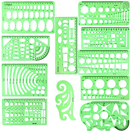 BetyBedy geometrische Zeichnungsvorlagen, Zeichenschablonen, Messwerkzeuge, Kunststoff, klar, grün, Linealformen mit einer Reißverschlusstasche für Architektur, Büro, Design und Bauen, 11 Stück
