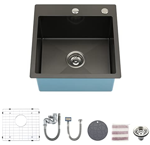 KORVO 46 x 46 cm Gunmetal Black Drop-in Topmount Kitchen Sink, 16 Gauge Stainless Steel Ceramic Coating with NanoTek Topmount Single Bowl - 23cm Deep Bar/Prep Basin, Black