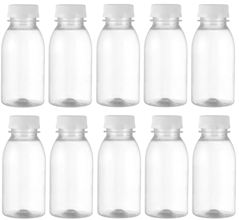 Angoily 10 Pièces Bouteille Plastique 250ml avec Couvercle - Mini Bouteille Transparent - Bouteilles Vides Réutilisables Petite Bouteille Jus de Fruit, Smoothies, Lait et Boissons