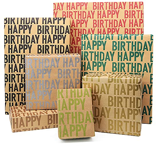 Kraft Geschenkpapier Geburtstag, Geschenkpapier Recycling, 7 Blatt 70 * 50 cm braunes gefaltetes Papier mit Jutesaiten, Aufklebern und Etiketten für alle Geburtstagsanlässe