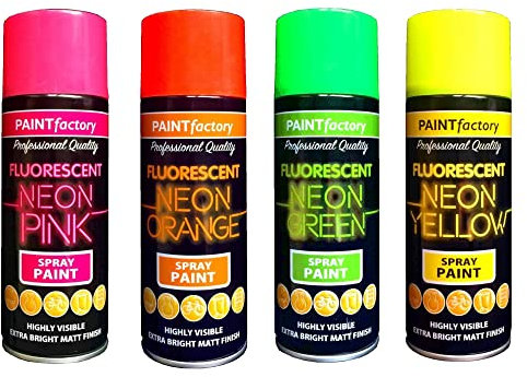 Classic Signature 4 x Fluorescent Bright Neon Spray Paint Aerosol DIY Graffiti Extra Bright Assorted Colours Paint Green Orange Pink Yellow 400ml