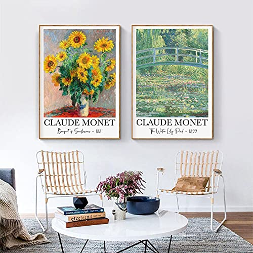 Nordic Poster Aquarell Leinwand Blumenstrauß aus Sonnenblumen Der Seerosenteich Monet Kunstdruck Wandbild Wohnzimmer Dekor19,6 x 27,5 (50 x 70 cm) x 2 Kein Rahmen
