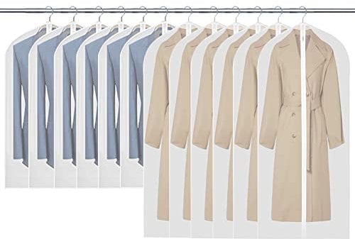 Garment Bags, 12 Pack Set 60 x 100cm / 60 x 120cm Breathable Suit Bag Covers with Zip, PEVA Clothes Cover Bags Coat Garment Bags Waterproof Moth Proof Dress Cover Bags for Wardrobe Storage and Travel
