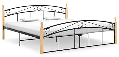 Rillbus Metallbett Bettgestell mit Lattenrost Kopfteil Fußteil, Doppelbett Schlafzimmerbett Ehebett Retro, Metall, massives Eichenholz 180x200cm BTM871