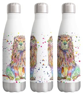 Lion Big Cat Wildlife Animals Watercolour Rainbow Art Bottle Double Wall Insulated Stainless Steel Sport Drinks 500ml White Gift Ideal for School Work Office Oudoor Sports Keeps Hot and Cold Drinks