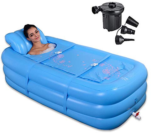 KLZUOPT Portable Bathtub Adult 165×85×45CM Large Folding Inflatable Bathtub, Blue Environmentally Friendly Adult Bathtub, Portable Thermostatic Bath Barrel, Sauna Box, Electric Pump