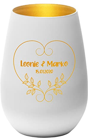 Glaskerzenhalter weiß-Gold mit personalisierter Wunschgravur - Motiv: Herz mit Blätter - Kristallglas Teelichthalter, Windlicht - für Hochzeit, Verlobung - Paare, Liebespaar - Liebe