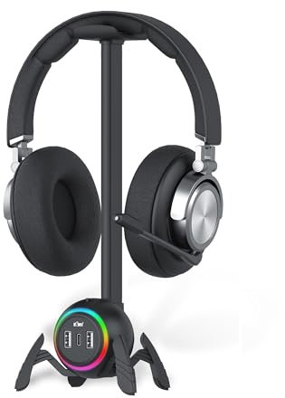 KIWIFOTOS Gaming Headphone Stand with 2 USB Port, PC Gaming Accessories with RGB Light for Gaming Room, Headset Holder for Gamer- Black