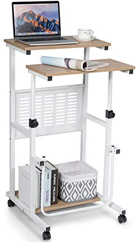 LIFEZEAL Stehpult, Höhenverstellbarer Schreibtisch, Laptoptisch mit Rollen, Computertisch mit 2 Ebenen, Stehtisch für Wohnzimmer, Arbeitszimmer & Büro