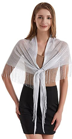 JK Home Leichter 190 x 60 cm Glitzer-Metallic-Dreieck-Schal mit Quasten für Frauen, funkelnde Pashmina-Schals, Wraps Hijab für Hochzeiten, Abendpartys, Dreieck, Weiß, One size