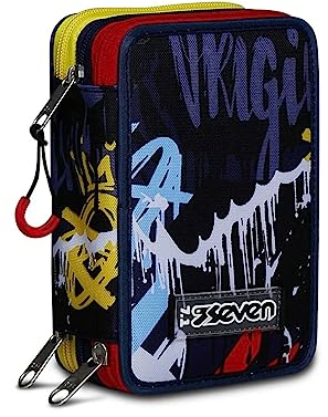 Seven Federmäppchen, Mäppchen, mehrfarbig, Federtasche für Schreibwaren, Etui komplett mit Bleistiften, Filzstiften, Schulmaterial, mit 3 Fächern, Mädchen, Schule - Grundschule, XXL schwarz