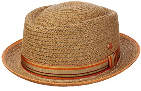 Mayser Andy Orange Pork Pie Straw Hat Men - Made in The EU Garden Sun Beach with Grosgrain Band, Band Summer Spring-Summer - 60 cm Orange