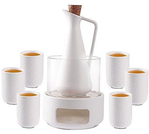 ZENS Juego de sake con calentador, botella de cerámica en relieve de 12 onzas, 6 tazas de sake y olla de vidrio para sake japonés caliente o frío, juegos de regalo de jarra de sake con toalla de