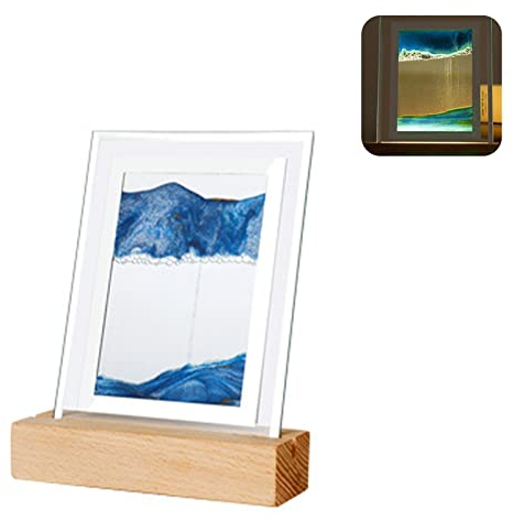 Image D'art de Sable Mobile 3D,Peinture de Sable Qui coule,Cadre de Sable Fluide avec Lumière Led,Sablier de Paysage Naturel,Cadre de sable flottant pour la maison,le bureau,la décoration (Bleu)