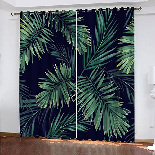 ZWEBY Rideau Salon Occultant -Isolant Thermique Rideaux À Oeillets Décoration De Fenêtre pour Chambre Enfant, 3D Feuilles Vertes Motif L 200 X H 200 cm 2 Panneau Rideaux Et Draperies Intér