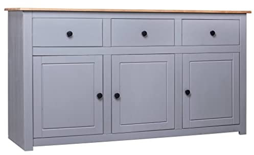 KOIECETA Massivholz Panama-Kiefer Sideboard mit 3 Schubladen 3 Türen Kommode Beistellschrank Mehrzweckschrank Anrichte Schrank 135x40x80cm Grau