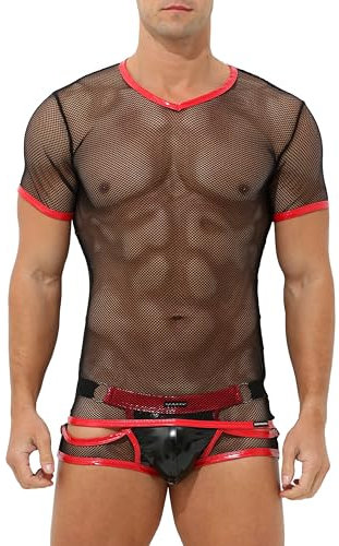 Herren T-Shirt Netz transparent mit Lack Leder Optik Männer Unterhemd Kurzarm Unterwäsche Stretch Clubwear Outfit (DE/NL/SE/PL, Alphanumerisch, M, Regular, Regular, Rot-Schwarz)