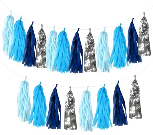 CIGTSICO 20 Stücke Tassel Girlande,Blaue und Silber Tassel Banner Silberne Hochzeit Quaste Papiergirlande,Baby Dusche Deko, Geburtstag, Valentinstag DIY Hängedekoration