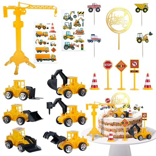 Aitsite Véhicules de chantier pour enfants, 39 pièces, décoration de gâteau, chantier de construction, panneaux de signalisation miniatures, jouets pour garçons