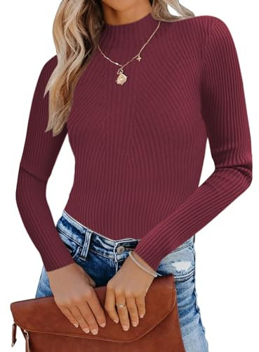 Famulil Ladies Casual Turtleneck Sweater Long Sleeve Winter Jumper Pullover Ribbed Knitwear Tops (XL, Wine)
