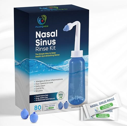 PLUSQMED 80x Salz + 1x Nasendusche (300ml) -Nasendusche Nasenspülung Nasenreinigung Nase Spülen, Neti Pot Rinse Kit, vorgemischte Beutel, 80 Stück, Neti Pot 300 ml, Nasenspülung