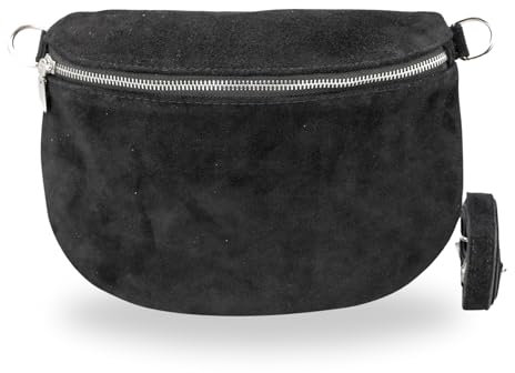 BRISE Bauchtasche Damen Wildleder AFIA Handgemachte Umhängetasche Crossbody Bag mit Ledergurt 3 Fächer Schultertasche Stylische Hüfttasche Gürteltasche Made in Italy (Schwarz - 1)