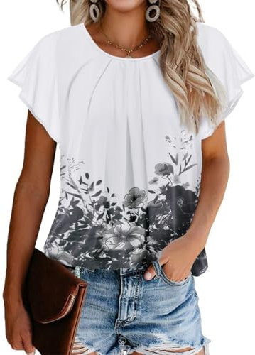 Zeagoo Womens Ruffle Sleeve Summer Tops Crew Neck Elastic Mesh Blouse Loose Flowy Tunic Tops Floral Black