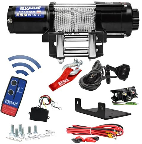 Husar Winch Treuil Électrique 12V, 5500 lbs 2495 kg, Corde en Acier 14,5m, Engrenage Planétaire à 3 étages, Contrôle Sans Fil, Frein Automatique, Kit de Montage -Idéal Pour Les ATV/UTV+SANGLE GRATUITS