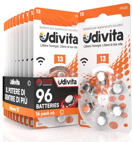 96 Hearing Aid Batteries Size 13 Udivita Phono Pulse Technology - 16 Blisters of 6 Batteries