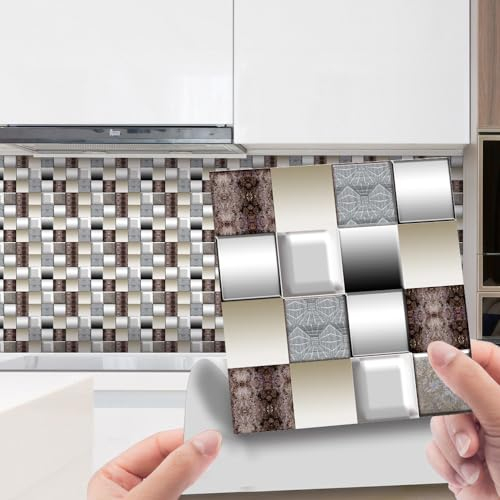 Pegatinas De Azulejos Mosaico Plateado Resistente Al Agua Pegatinas De Azulejos De Pared,Pared Cocina,Calcomanía De Pared Pegatina De Pvc Para Decor Azulejos Muebles Baño10X10Cm