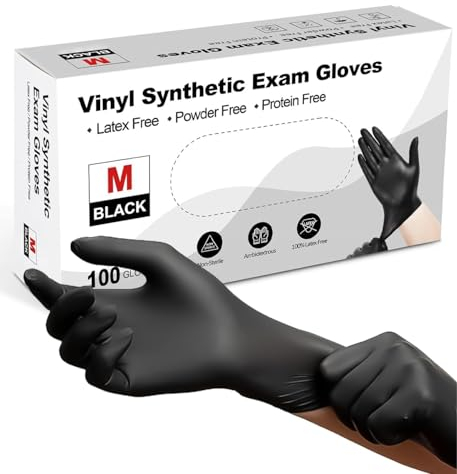 PROMART Black Vinyl Disposable Gloves - Powder and Latex Free Medical Exam Gloves, Black, Industrial Grade, Non-Sterile, Food Safe, Disposable Gloves, Cooking & Cleaning, Box of 100 (1000, MEDIUM)