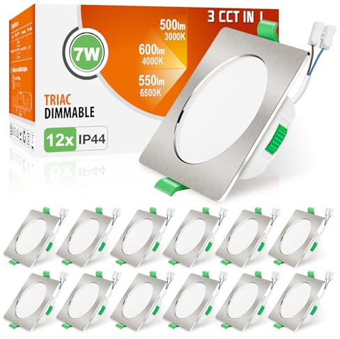 ALUSSO LED Einbaustrahler Eckig Dimmbar LED Spots 230V Deckenspots 68mm Ultra Flach 7W IP44 Warmweiß Neutralweiß Kaltweiß Einbauleuchten für Badezimmer Wohnzimmer, Nickel Gebürstet, 12er Set