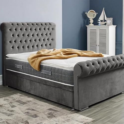 5FT King Ottoman Storage Solid Divan Base Chesterfield Sleigh Bed Frame With Headboard Upholstered In Plush Velvet Grey Bed End Lift - No Mattress (Grey, 5FT King Size Frame With Storage)