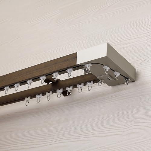 Vorhangkasten mit Holzimitation Doppelte Vorhangschiene 2-läufige Gardinenschiene, Vorhangschiene mit stummen Rollen Gardinenstange aus Aluminium Wandmontage(Brown,1.9m(6.2ft))